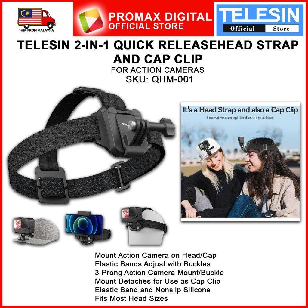 TELESIN QHM-001 2 in 1 QUICK RELEASE HEADSTRAP AND CAP CLIP FOR ACTION CAMERAS 3 PRONG MOUNT