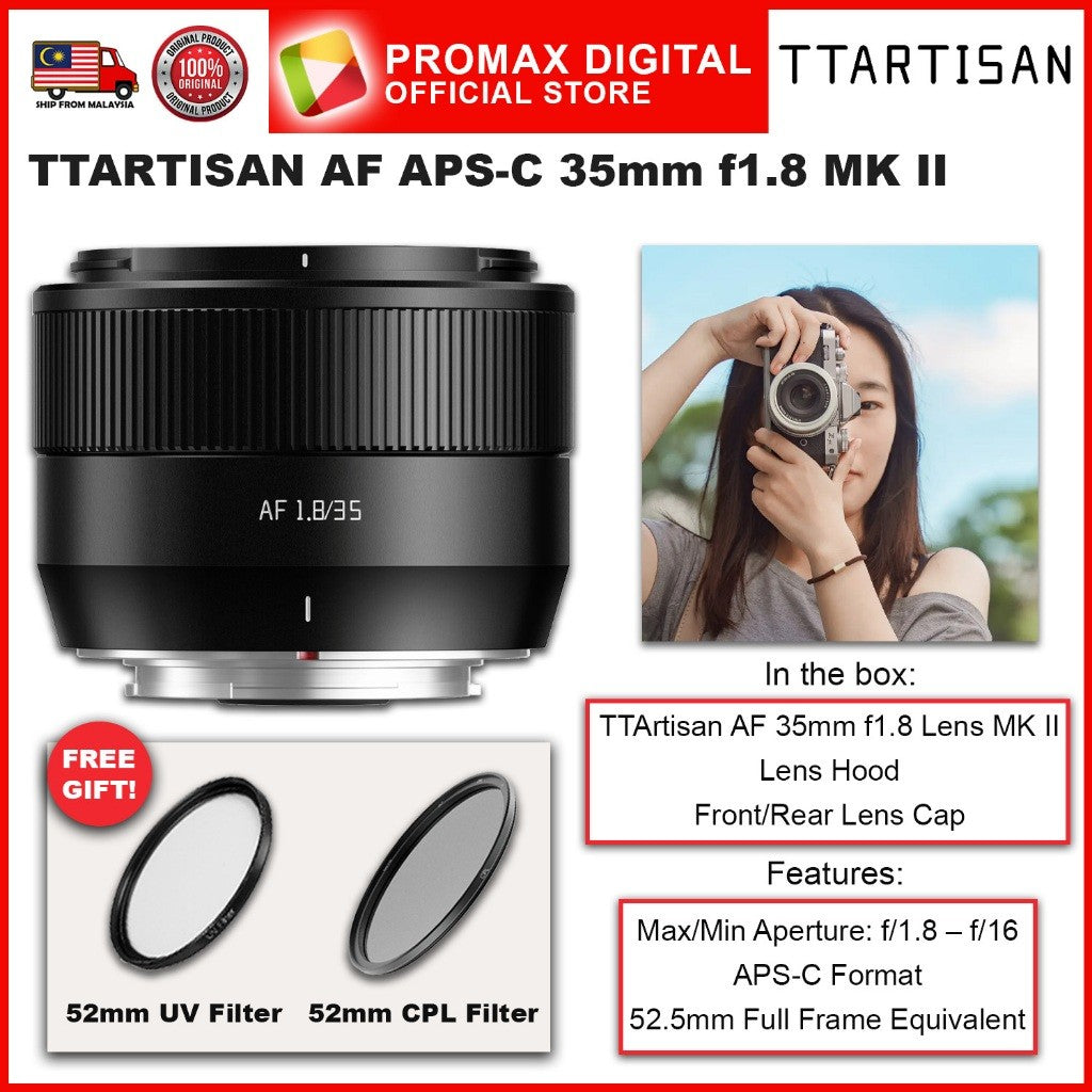 TTArtisan AF APS-C 35mm f1.8 Mark II Camera Lens for X E and Z Mount Black and Silver Color