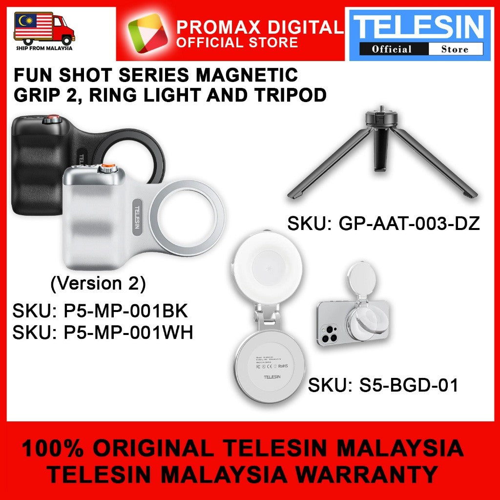 TELESIN Fun Shot 2 Magnetic Grip2 Selfie Ring Light Aluminum Alloy Tripod Funshot 2 Magnet Ring Phone P1-MP-10 P5-MP-001