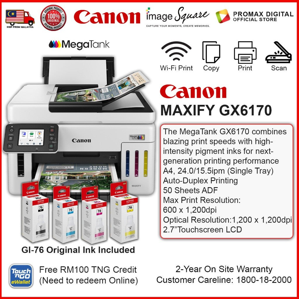 (NEW) Canon MAXIFY GX6170 GX7170 Easy Refillable Ink Tank Wireless High Capacity Printer GI-76 Ink