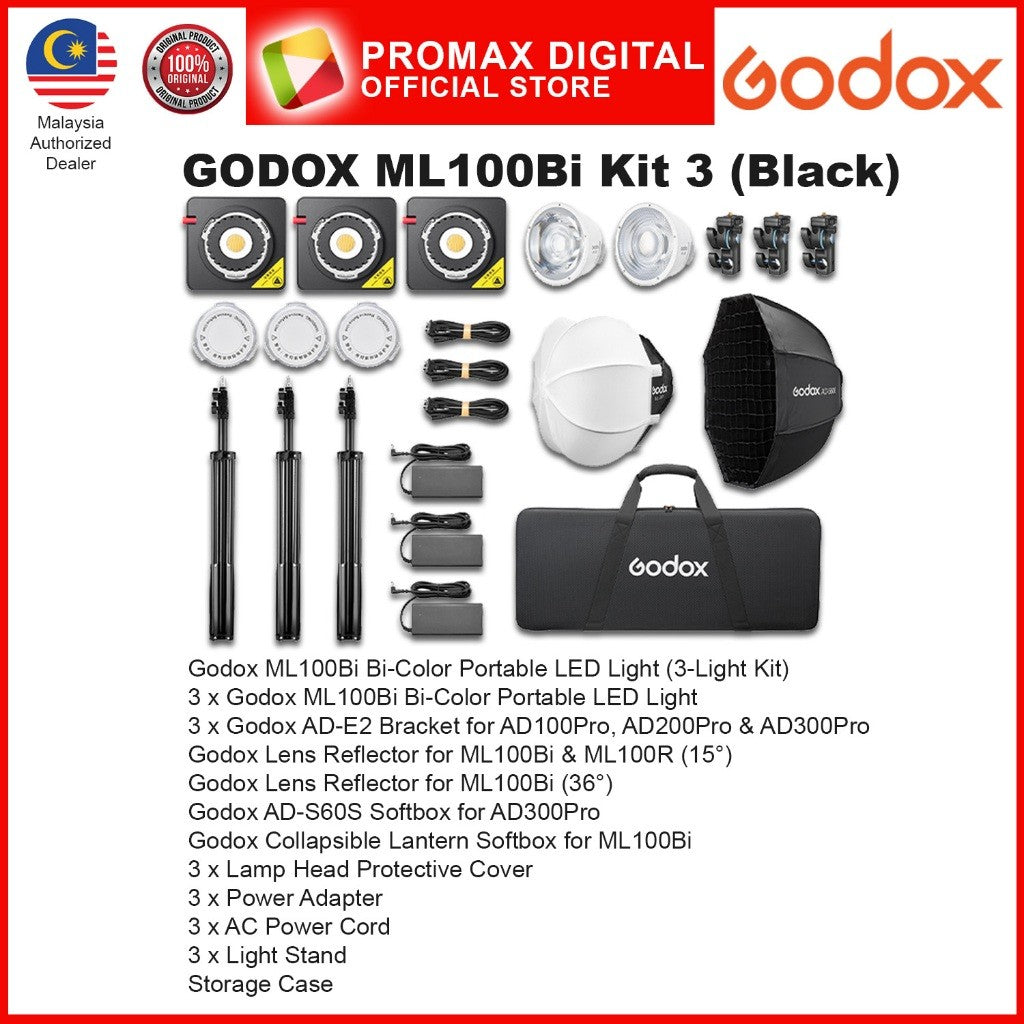 Godox ML100Bi Bi-Color Portable LED Light outdoor and indoor (2800-6500K CCT) ML100 BI White Black