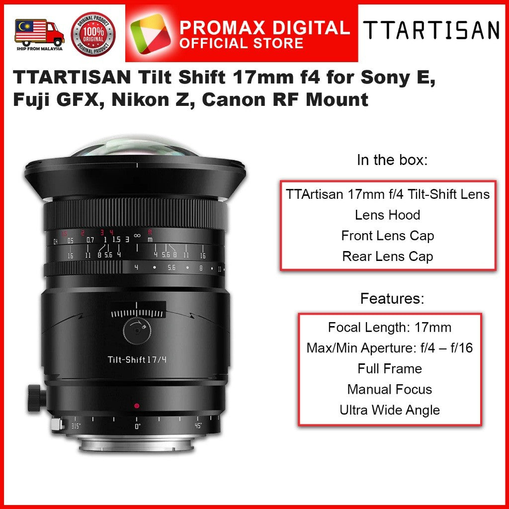 TTArtisan Tilt Shift 17mm f4 Full Frame Lens for E GFX Z and RF Mount
