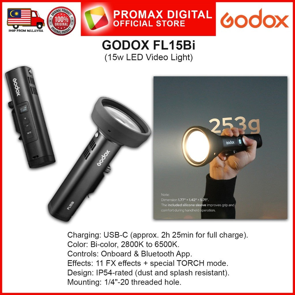 GODOX FL15Bi 15w Bi-Color 2800K to 6500K LED Video Light Portable Outdoor 1/4" 20 Threaded Hole