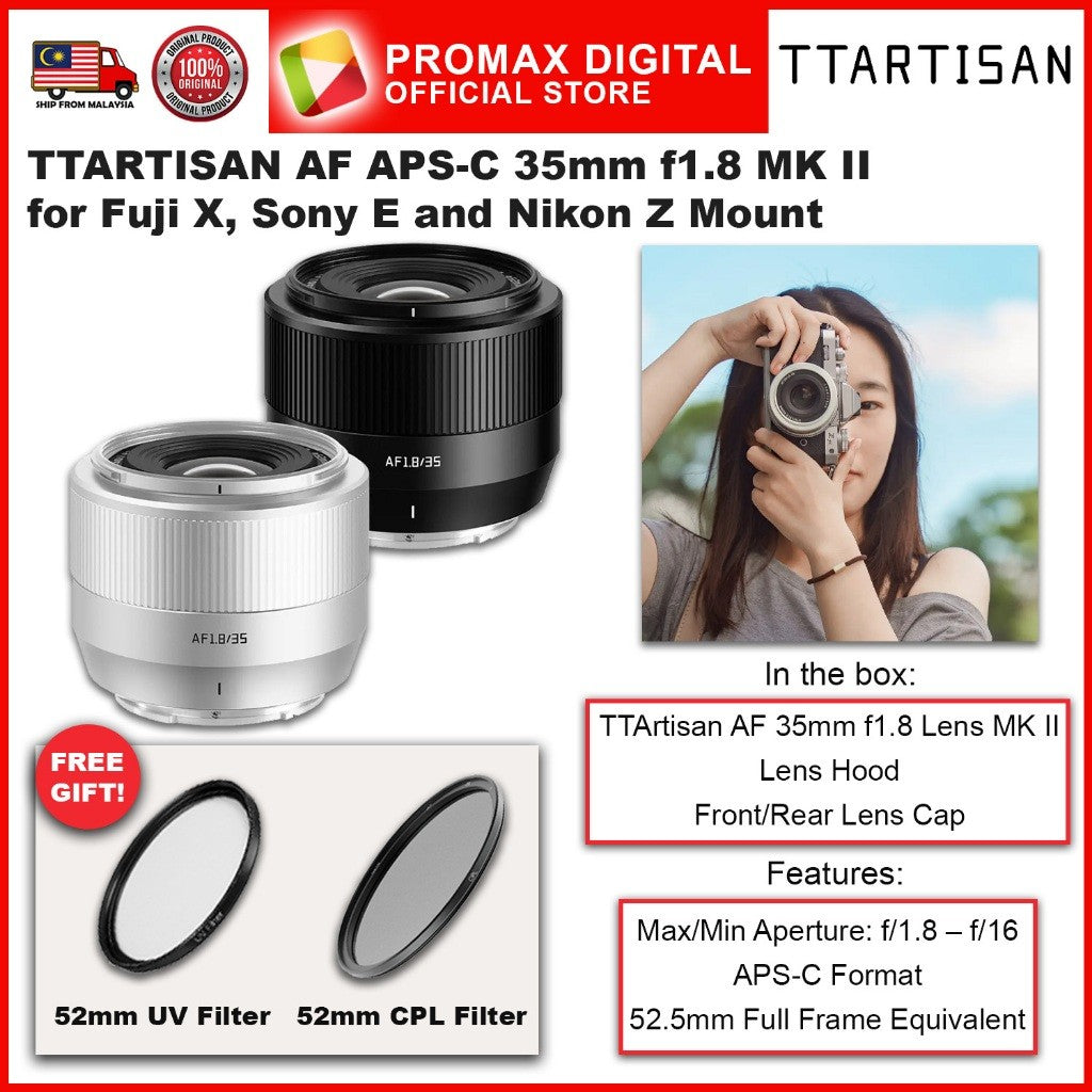 TTArtisan AF APS-C 35mm f1.8 Mark II Camera Lens for X E and Z Mount Black and Silver Color