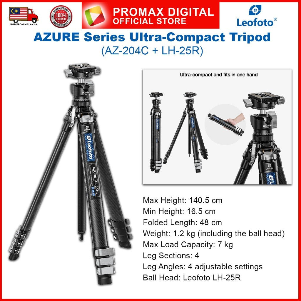 Leofoto AZ-204C+LH25R AZ-235C+LH-30R Ballhead AZURE Ultra Compact Tripod