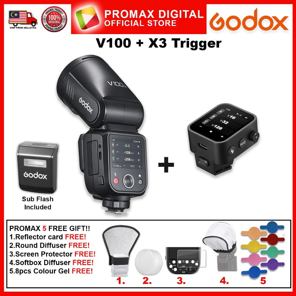 Godox V100 TTL Li-ion Round Head Camera Flash 100ws Sub Flash