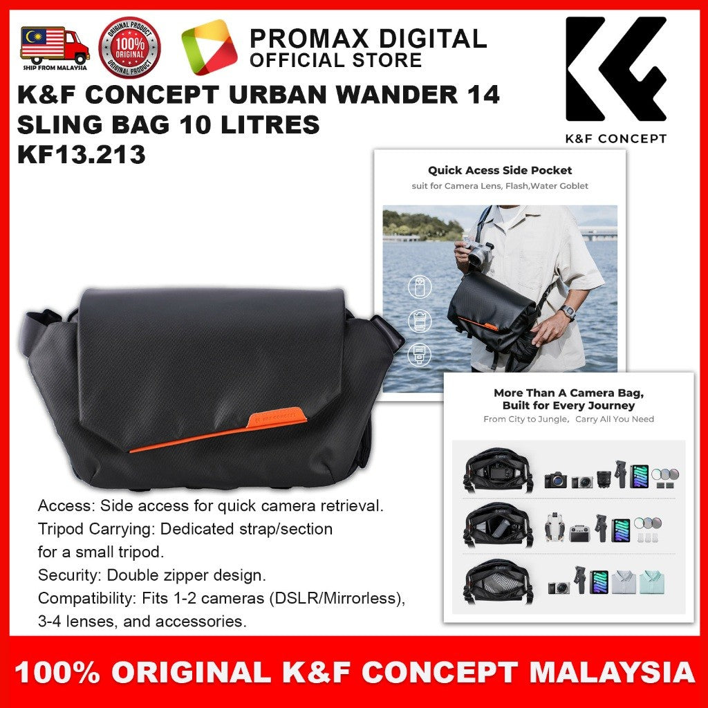 K&F Concept KF13.213 URBAN WANDER 14 CAMERA 10L SLING BAG FOR MIRRORLESS DSLR CAMERA
