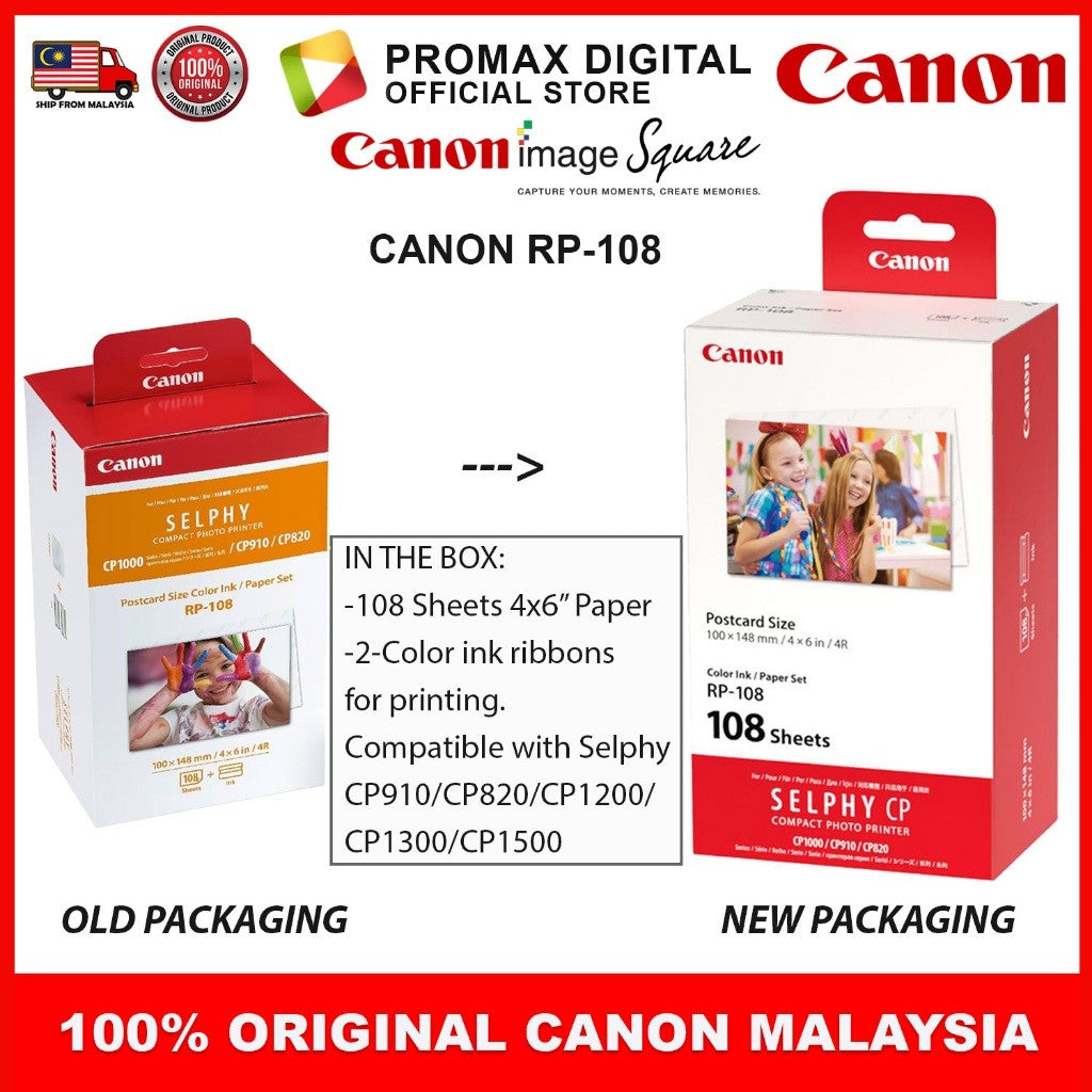 Canon RP-108 RP108 Color Ink & 4R Paper Set For Selphy printer CP910 CP1200 CP1300 CP1500