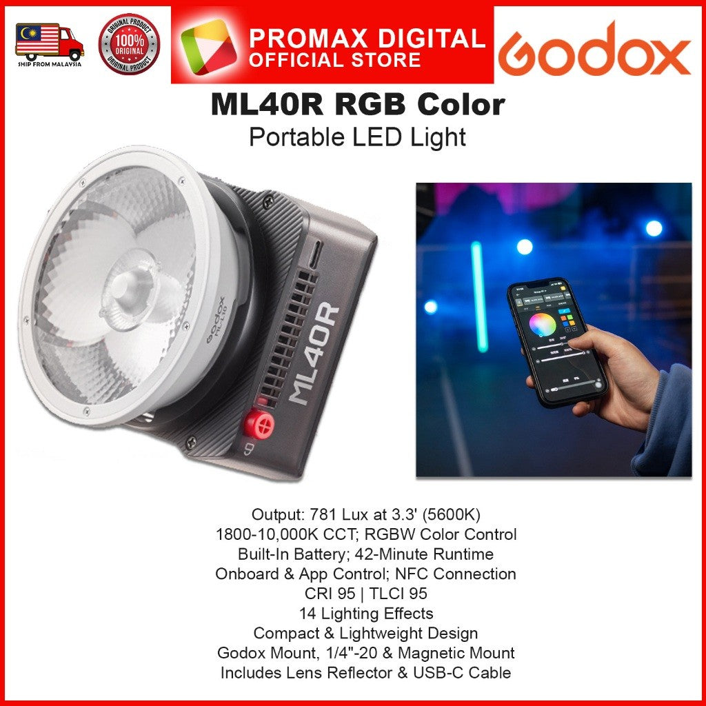 Godox ML40Bi Bi-Color ML40R RGB Portable Full Color LED Light App Controlled 2800K to 6500K