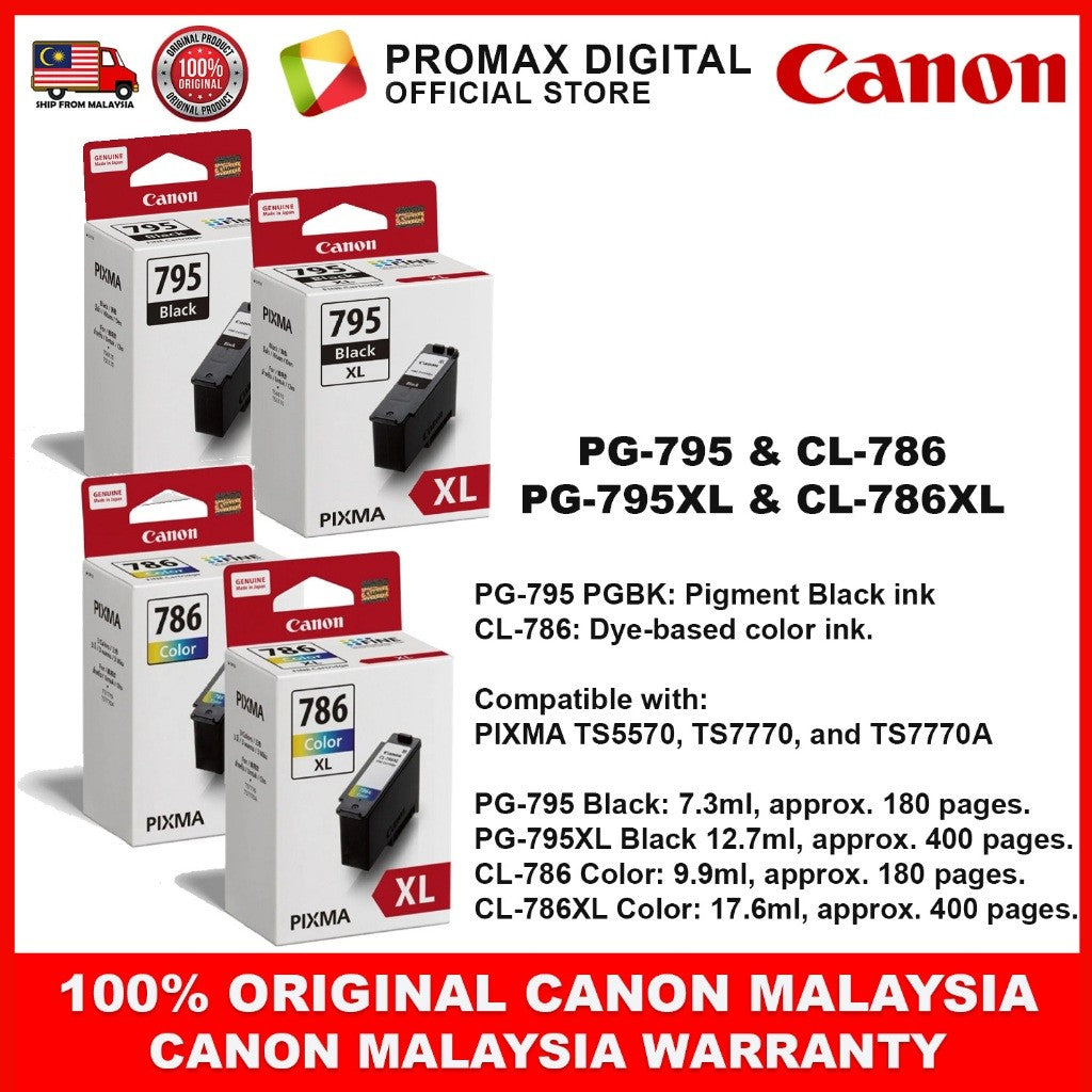 CANON PG-795 CL-786 PG-795XL CL-786XL INK BLACK CYAN MAGENTA YELLOW PRINTER INK TS5570 TS7770