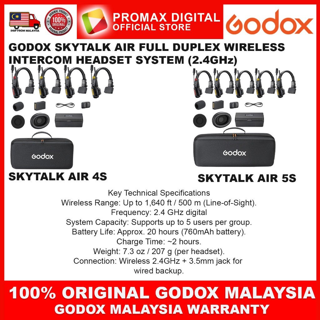 GODOX SKYTALK AIR 4S 5S FULL DUPLEX WIRELESS INTERCOM HEADSET SYSTEM (2.4GHz) SKY TALK