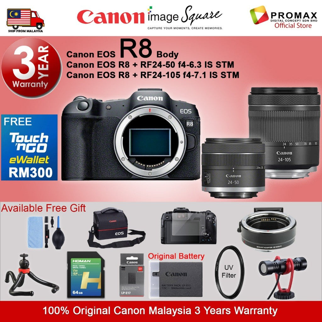 Canon EOS R8 Body & R8 RF 24-50mm f/4.5-6.3 IS STM Mirrorless Camera (Canon R8 Malaysia 3 Years Warranty)