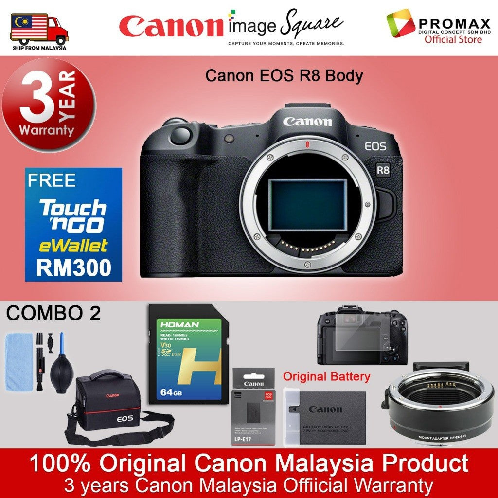 Canon EOS R8 Body & R8 RF 24-50mm f/4.5-6.3 IS STM Mirrorless Camera (Canon R8 Malaysia 3 Years Warranty)