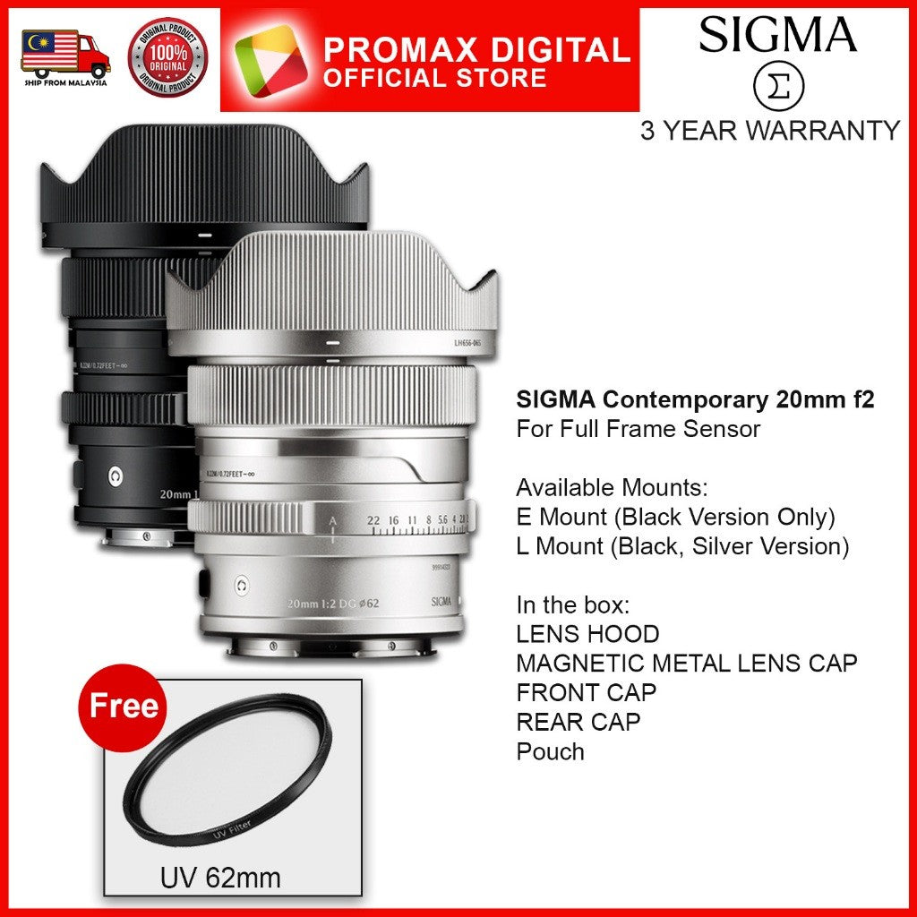 SIGMA 20mm f2 DG Contemporary Lens Mirrorless Full Frame Camera Lens ( E , L Mount)