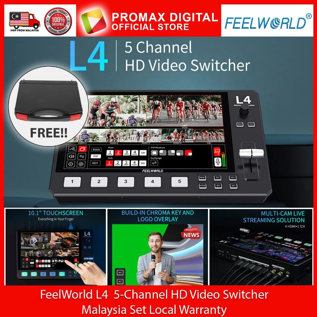 FEELWORLD L4 Video Mixer Switcher 10.1"Touch Screen USB3.0 Fast Streaming (FREE HARD CASE)