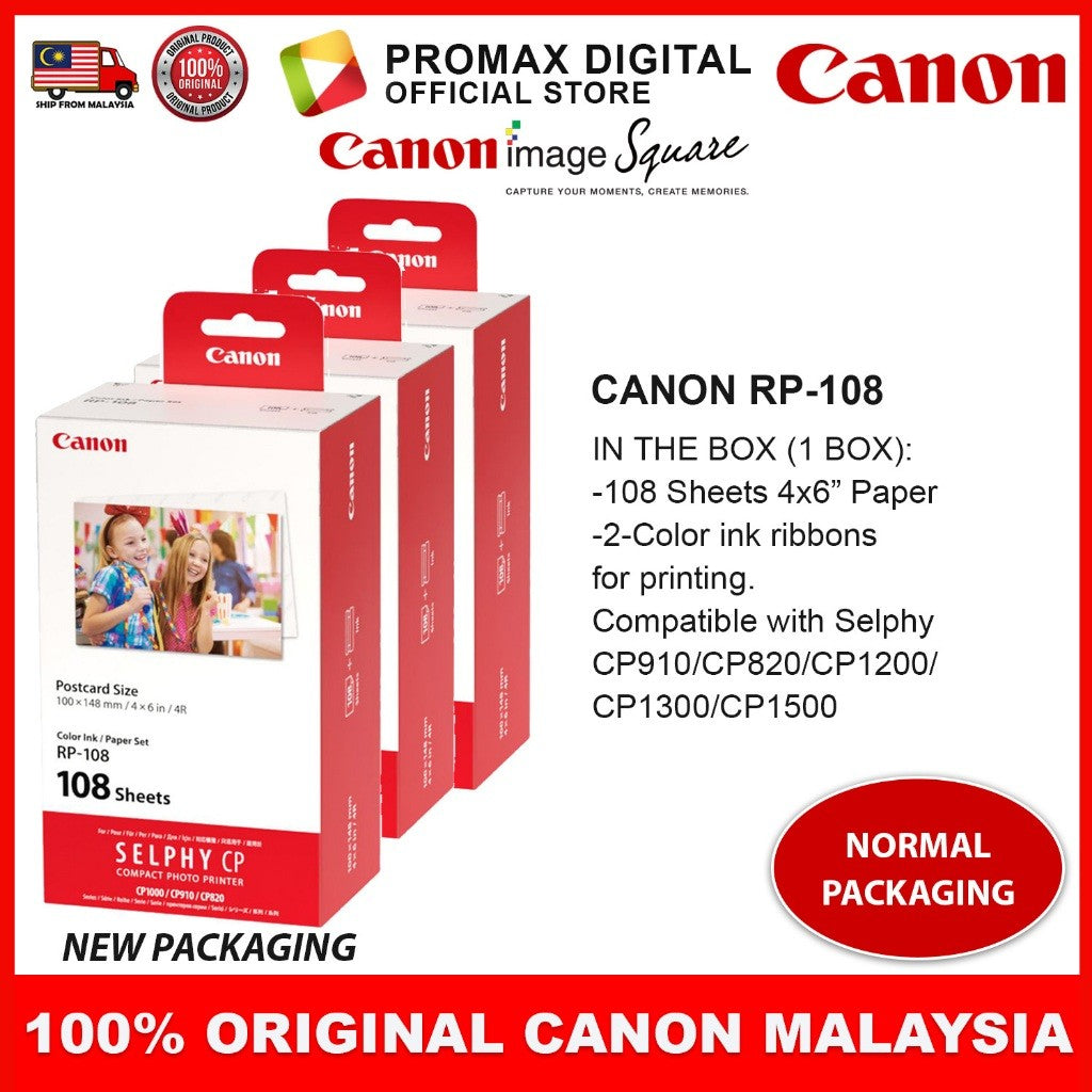 Canon RP-108 RP108 Color Ink & 4R Paper Set x 3 Boxes For Selphy CP910 CP1200 CP1300 CP1500