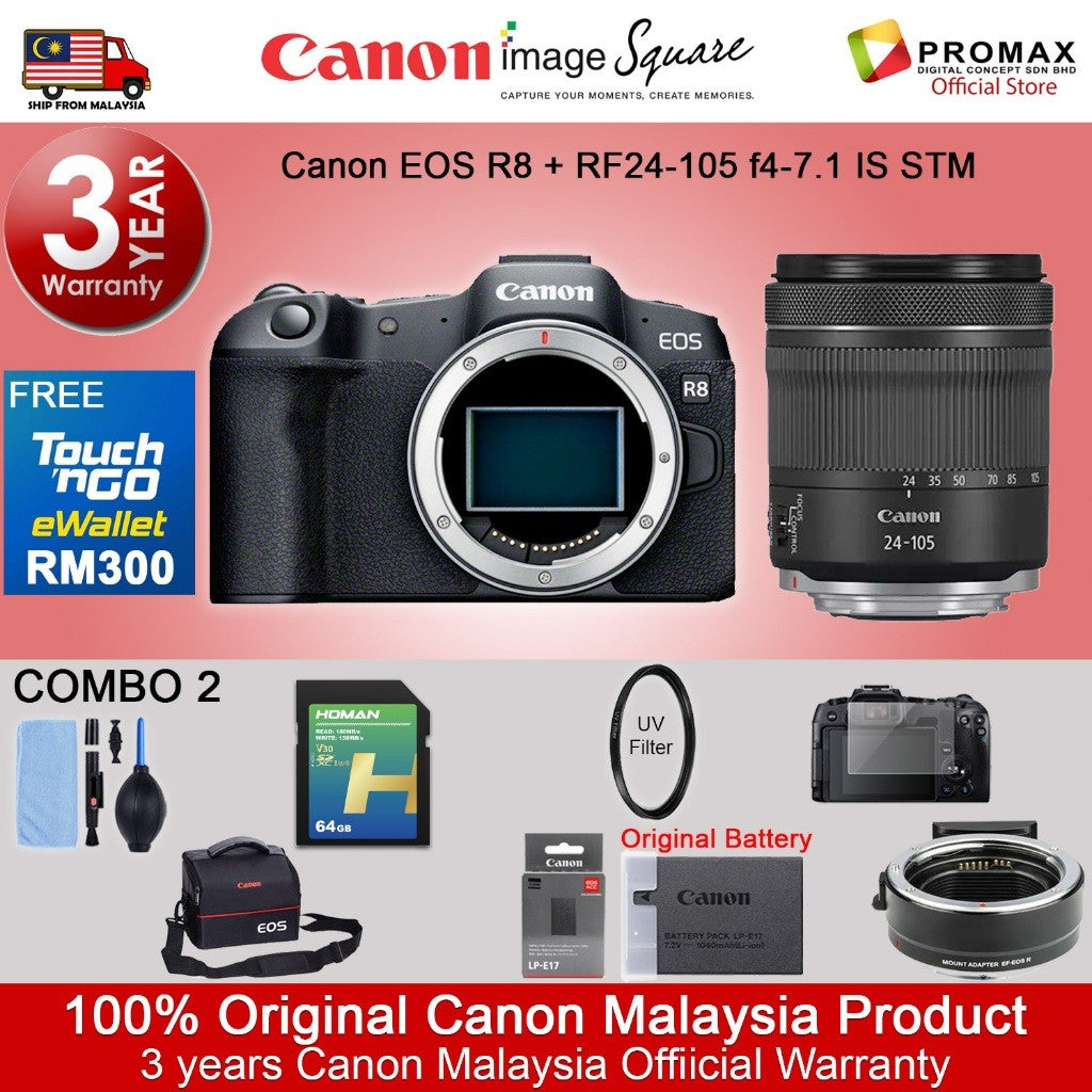 Canon EOS R8 Body & R8 RF 24-50mm f/4.5-6.3 IS STM Mirrorless Camera (Canon R8 Malaysia 3 Years Warranty)