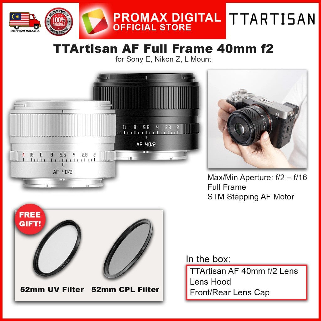 TTArtisan Full Frame AF 40mm f2 STM Prime Lens for E Z and L Mount Camera Autofocus Lens