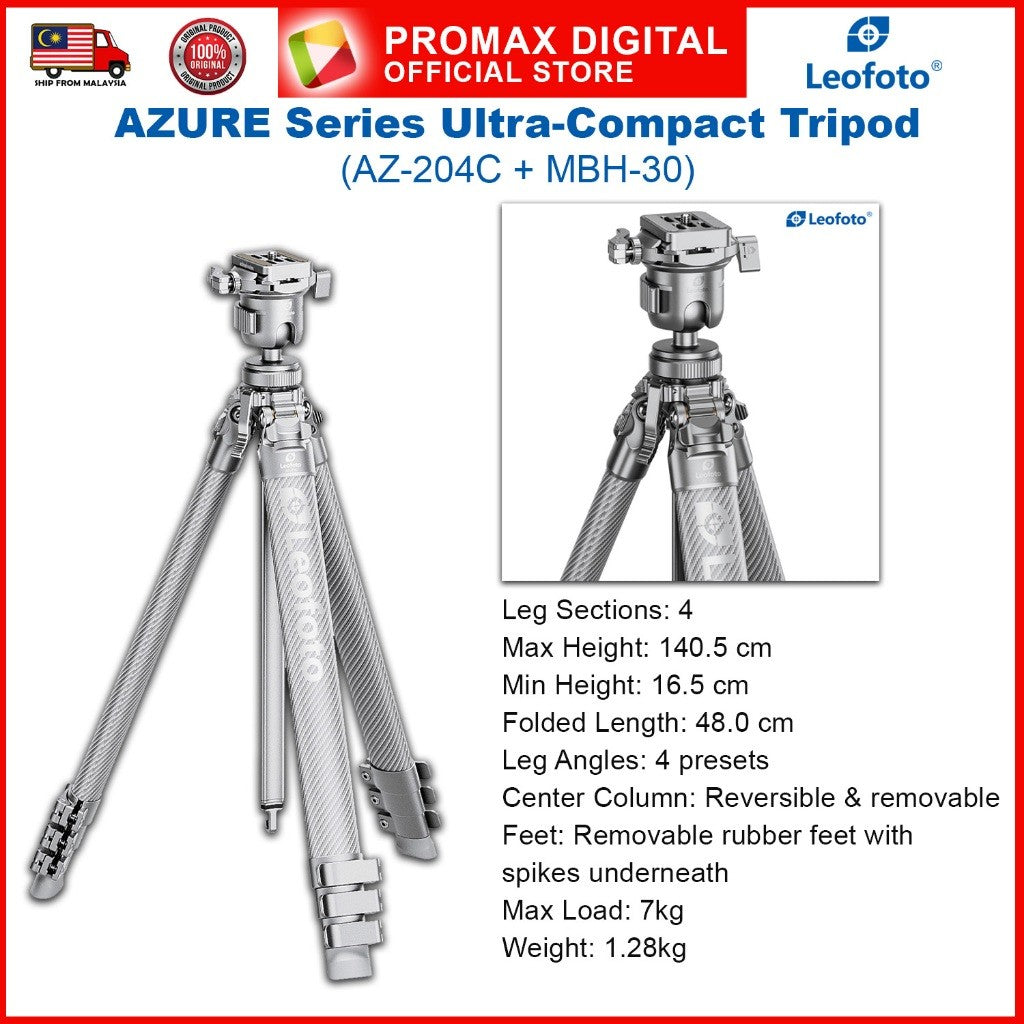 Leofoto AZ-204C+MBH-30 AZ-235C+MBH-30 Ballhead AZURE Ultra Compact Tripod