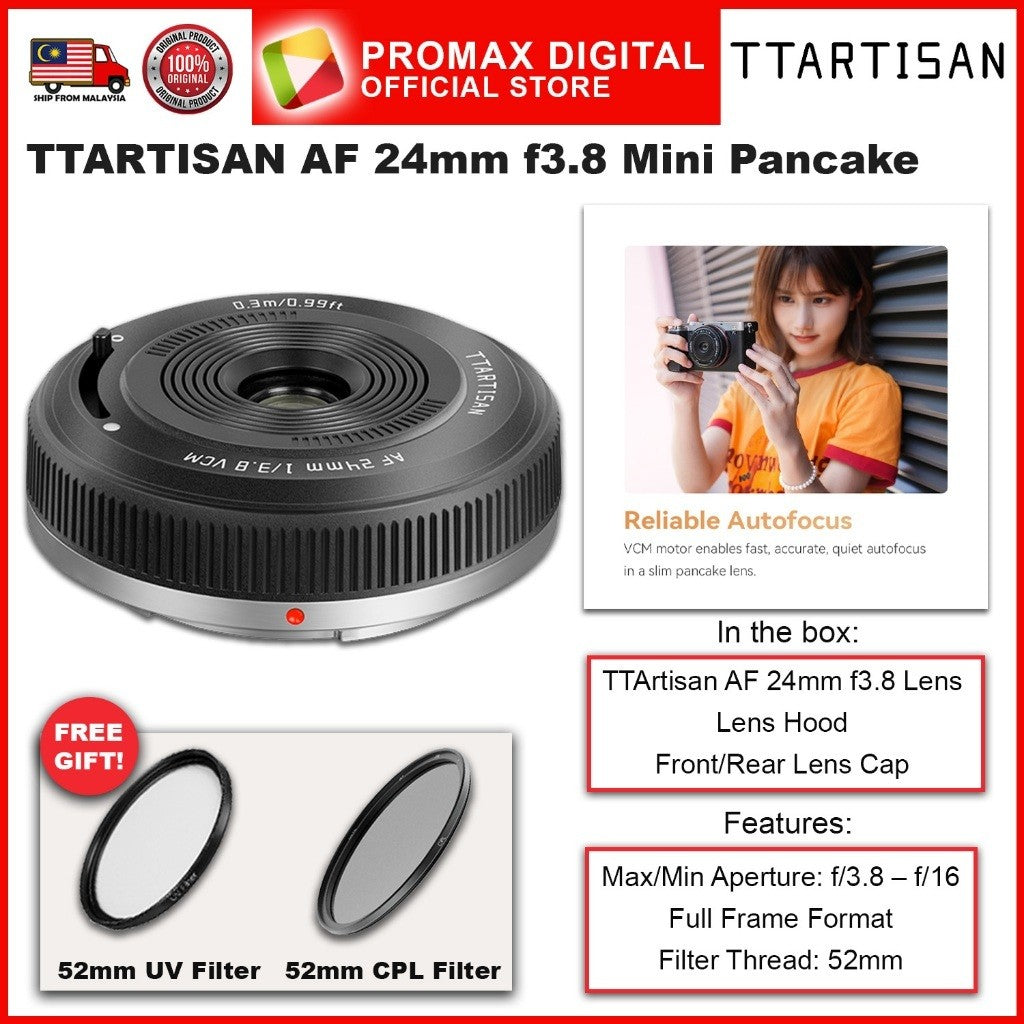 TTArtisan AF 24mm f3.8 Full Frame Mini Pancake Lens Ultra Compact for E Mount