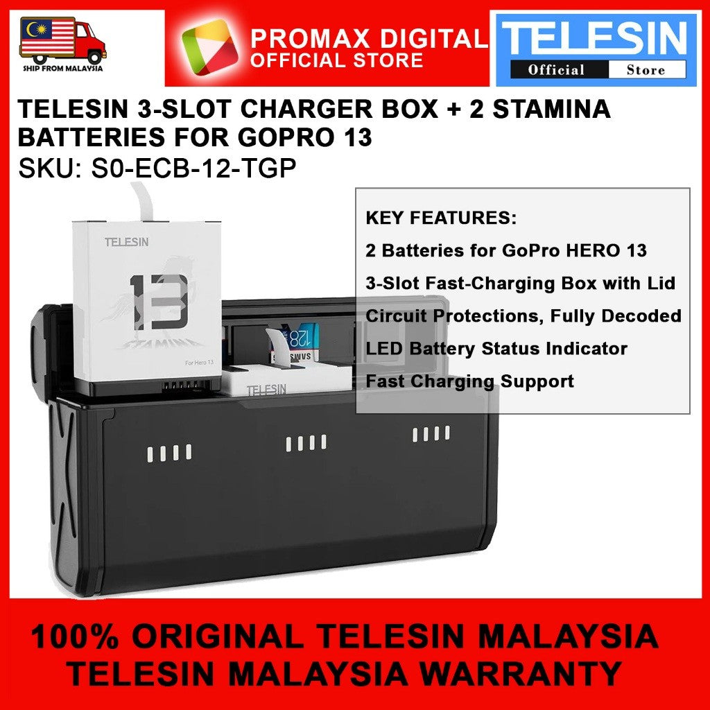 TELESIN S0-ECB-12-TGP GOPRO HERO 13 CHARGING CASE WITH 2 PCS HERO 13 STAMINA BATTERY