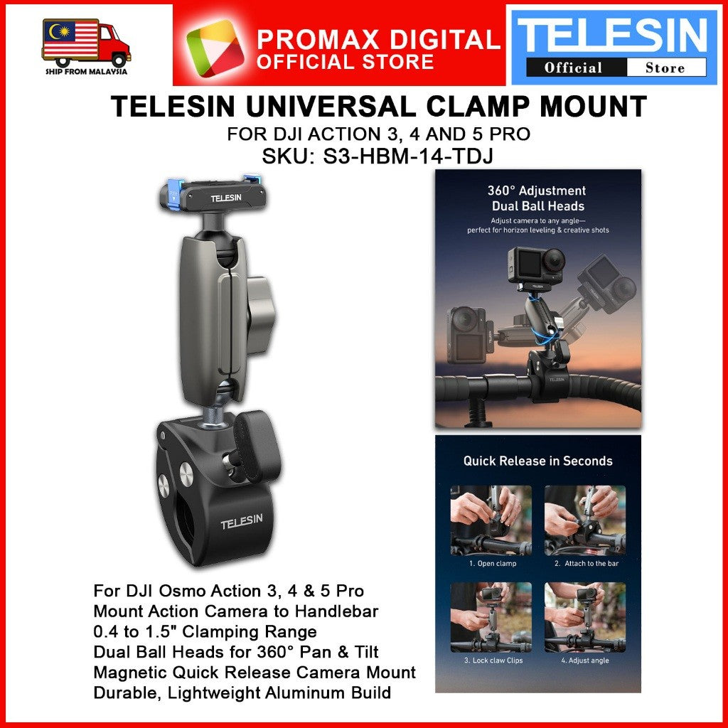 TELESIN S3-HBM-14-TDJ UNIVERSAL CLAMP MOUNT FOR ACTION 3 4 5 PRO QUICK RELEASE MOUNT