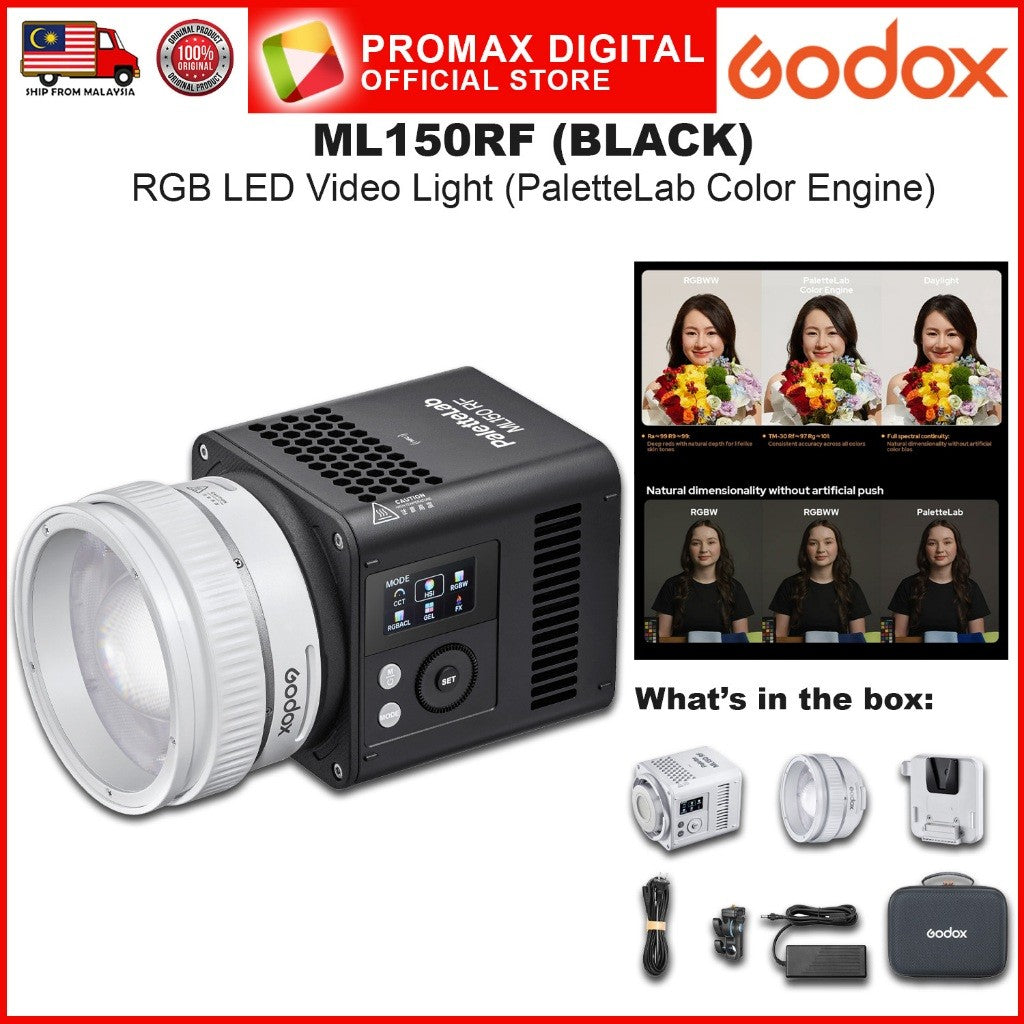Godox ML150RF RGB LED Video Light Compact Size Godox Mount 14,000 Lux at 1m with ML-Z Zoom Reflector