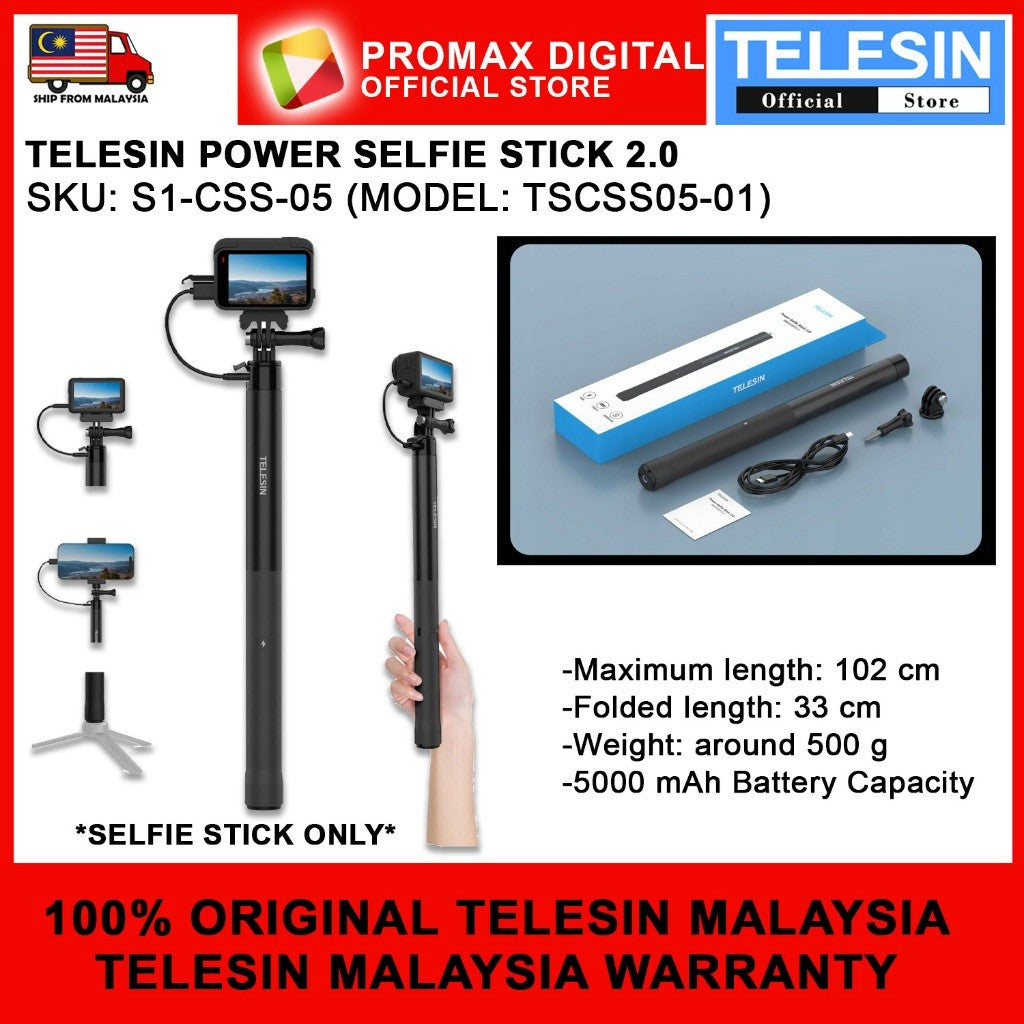 TELESIN S1-CSS-05 POWER RECHARGABLE SELFIE STICK 2 for ACTION CAMERAS MOBILE PHONE