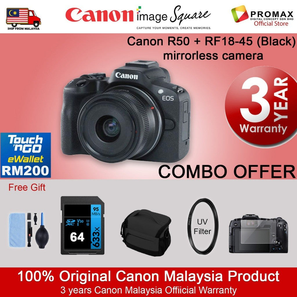 CHEAPEST! Canon EOS R50 18-45mm 55-210mm Mirrorless Camera Black/White (CANON MALAYSIA 3 YEARS WARRANTY) Canon R50