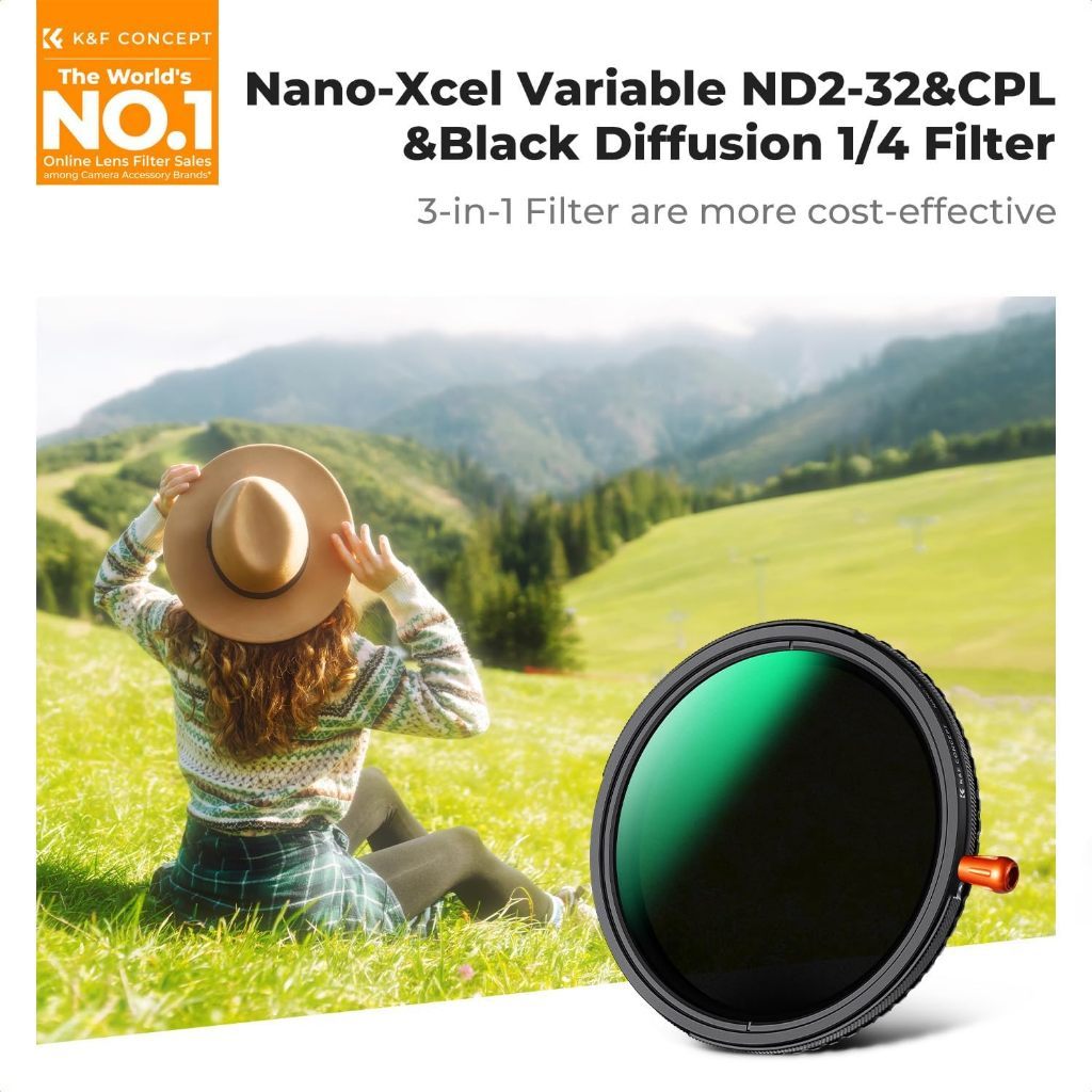 K&F Concept Variable NANO-X Nano-Xcel Series Black Diffusion 1/4 Variable ND2-32 CPL Lens Filter