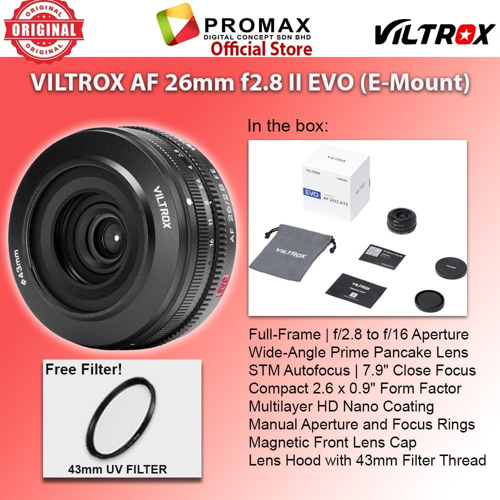 Viltrox AF 26mm f2.8 EVO Full Frame Pancake Camera Lens for Sony E and Nikon Z Mount