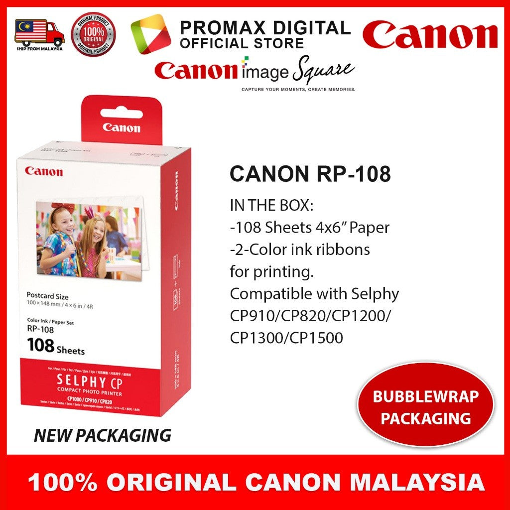 Canon RP-108 RP108 Color Ink & 4R Paper Set For Selphy printer CP910 CP1200 CP1300 CP1500