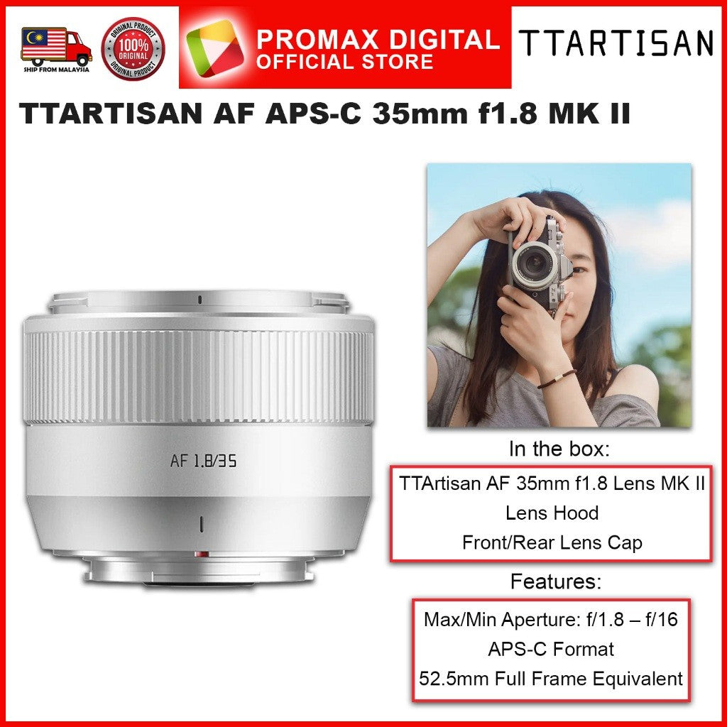 TTArtisan AF APS-C 35mm f1.8 Mark II Camera Lens for X E and Z Mount Black and Silver Color