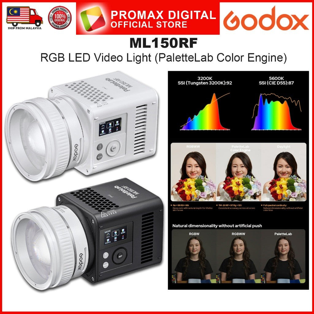 Godox ML150RF RGB LED Video Light Compact Size Godox Mount 14,000 Lux at 1m with ML-Z Zoom Reflector