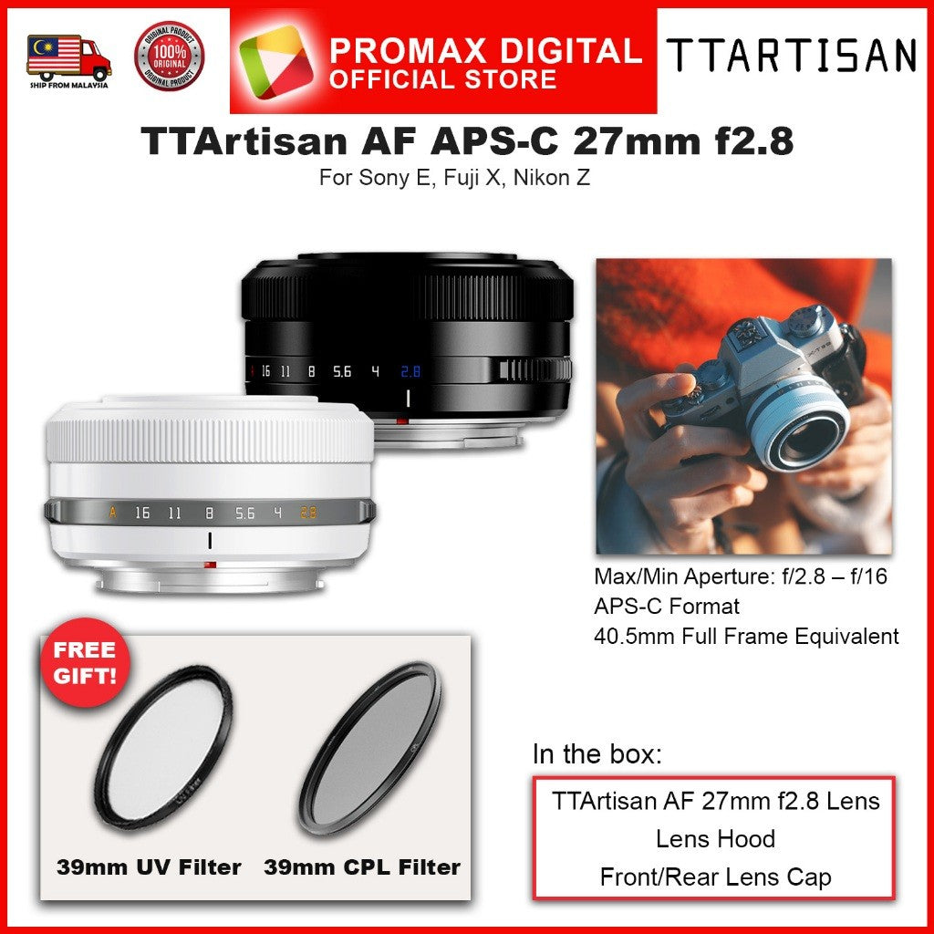 TTArtisan AF 27mm f2.8 for X E and Z Mount APS-C Camera Lens Black and Silver