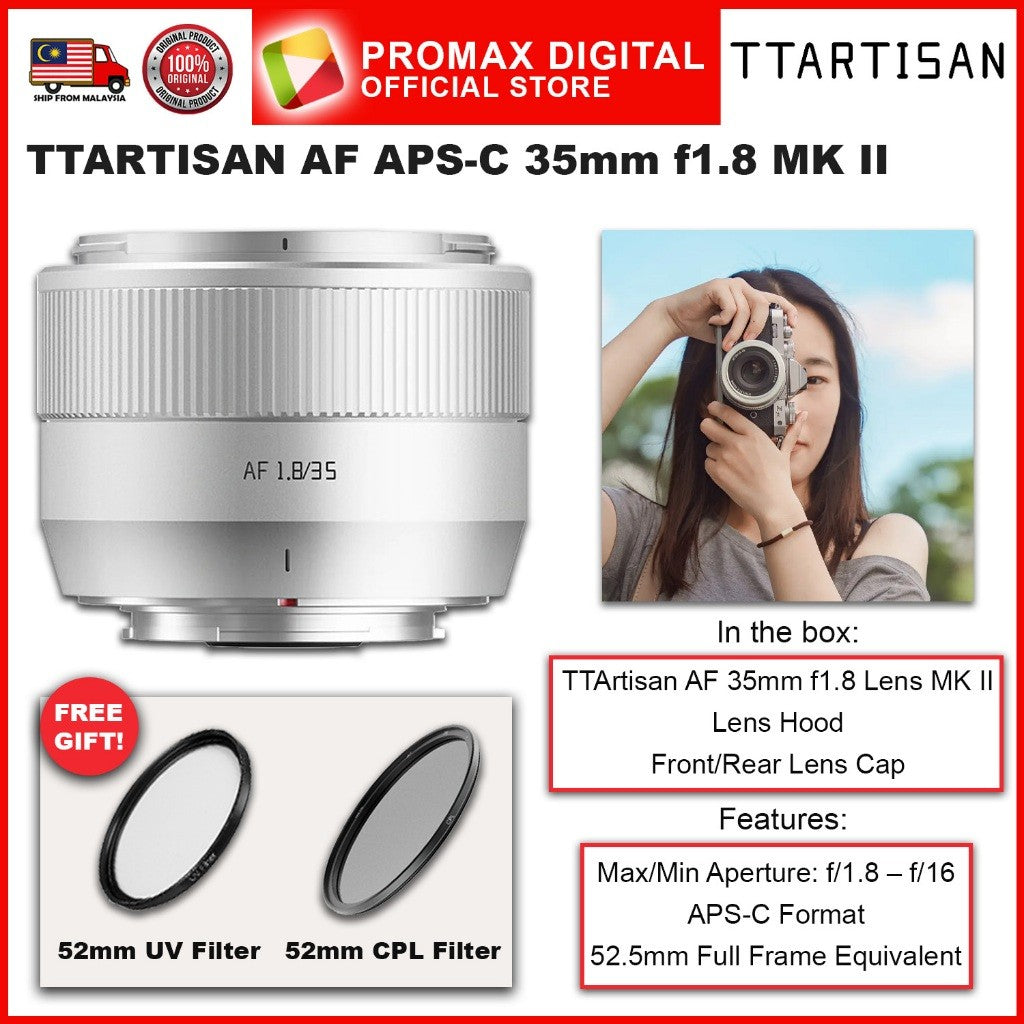 TTArtisan AF APS-C 35mm f1.8 Mark II Camera Lens for X E and Z Mount Black and Silver Color