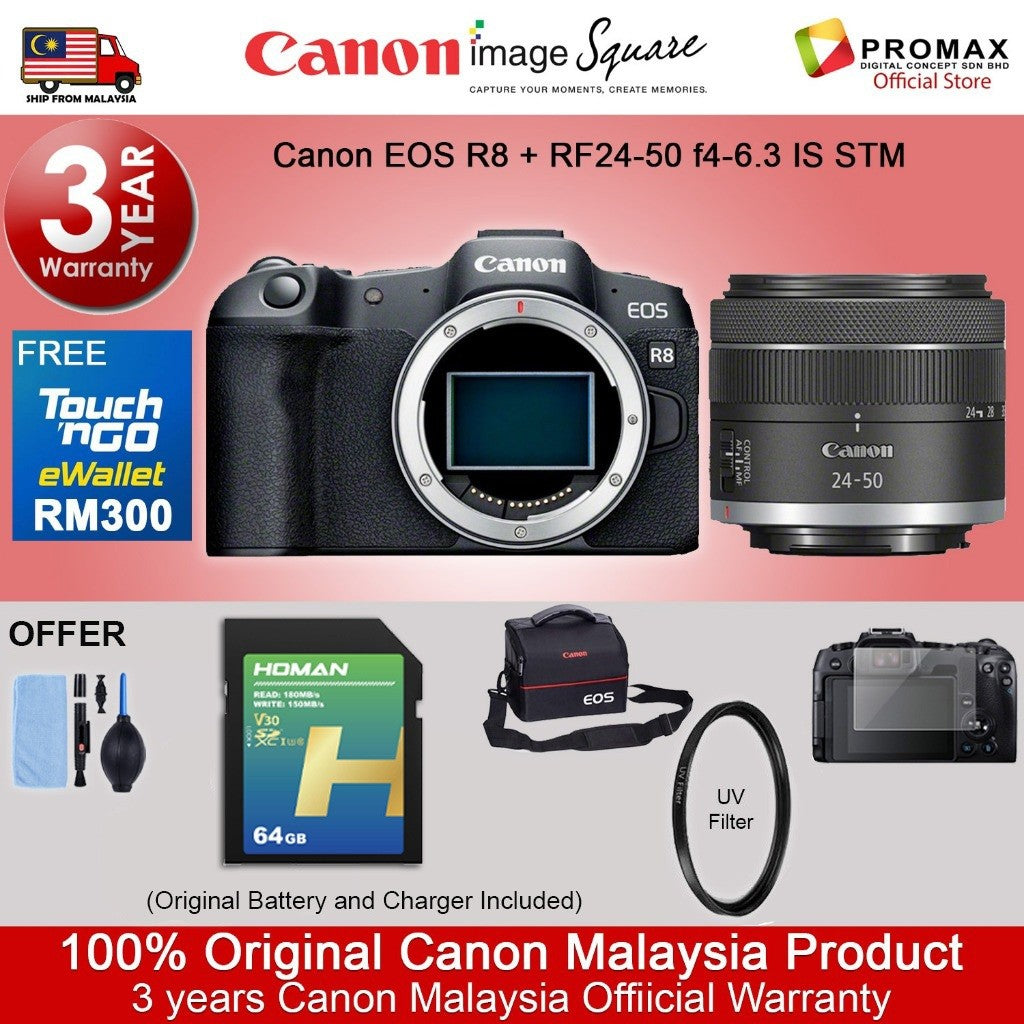 Canon EOS R8 Body & R8 RF 24-50mm f/4.5-6.3 IS STM Mirrorless Camera (Canon R8 Malaysia 3 Years Warranty)