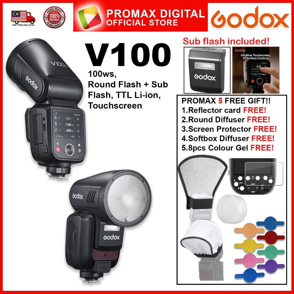 Godox V100 TTL Li-ion Round Head Camera Flash 100ws Sub Flash