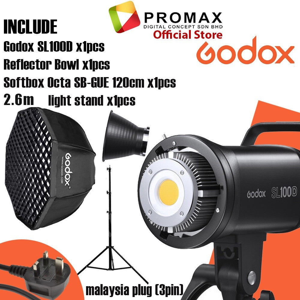 Ready Stock Godox SL100D SL-100D SL100 SL-100 Daylight LED Video Light (5600K) with softbox set SL-100W SL100W
