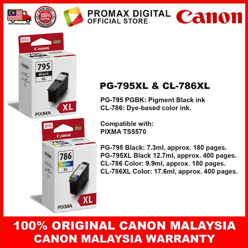 CANON PG-795 CL-786 PG-795XL CL-786XL INK BLACK CYAN MAGENTA YELLOW PRINTER INK TS5570 TS7770