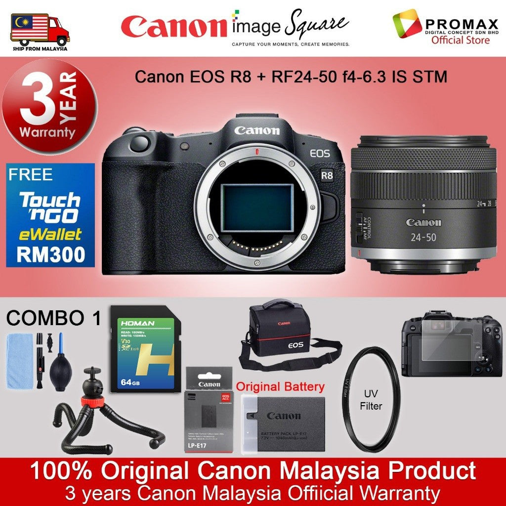 Canon EOS R8 Body & R8 RF 24-50mm f/4.5-6.3 IS STM Mirrorless Camera (Canon R8 Malaysia 3 Years Warranty)