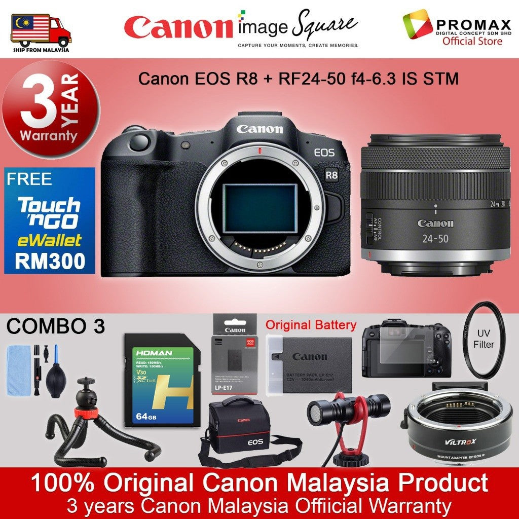 Canon EOS R8 Body & R8 RF 24-50mm f/4.5-6.3 IS STM Mirrorless Camera (Canon R8 Malaysia 3 Years Warranty)