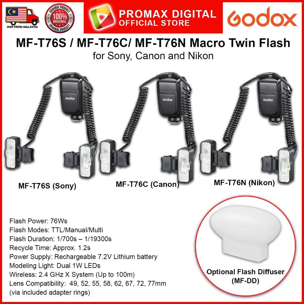 Godox MF-T76S MF-T76C MF-T76N Macro Twin Flash with MF-DD Flash Diffuser