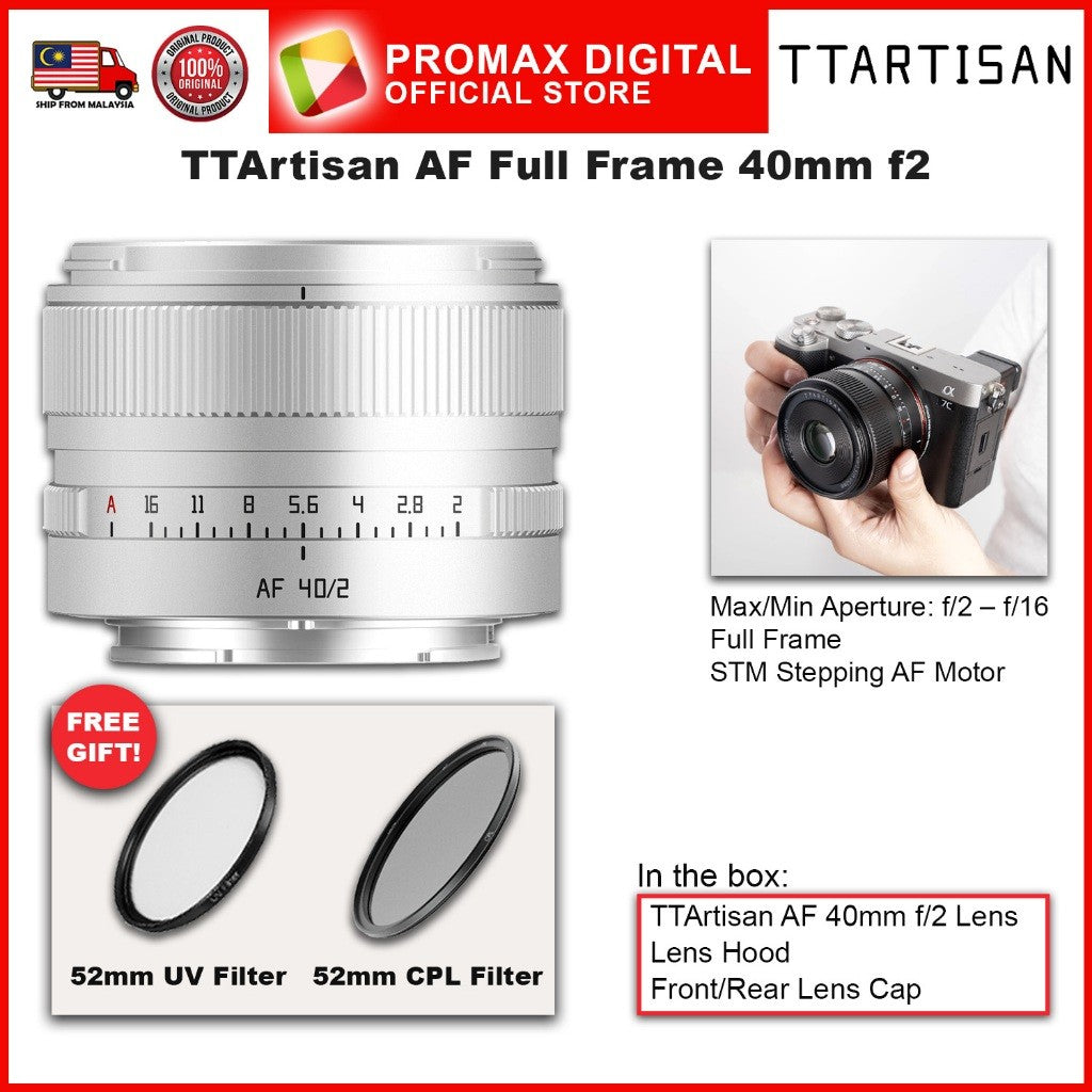 TTArtisan Full Frame AF 40mm f2 STM Prime Lens for E Z and L Mount Camera Autofocus Lens