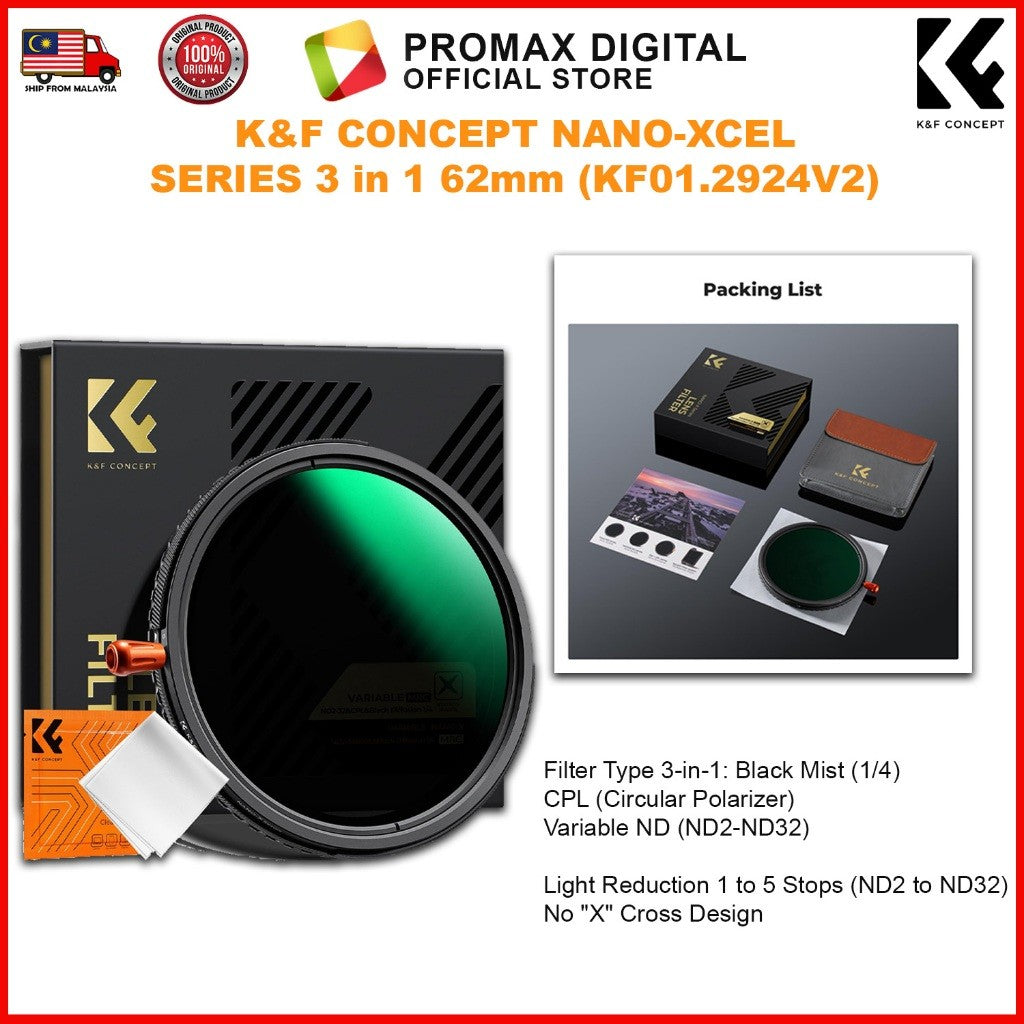 K&F Concept Variable NANO-X Nano-Xcel Series Black Diffusion 1/4 Variable ND2-32 CPL Lens Filter