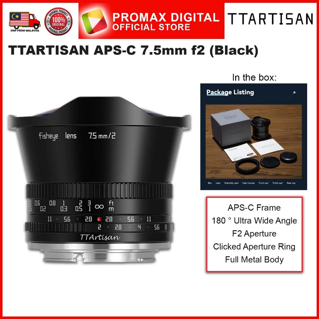 TTArtisan APS-C 7.5mm f2 Fisheye Wide Angle Lens for E X and RF Mount Manual Focus Full Frame