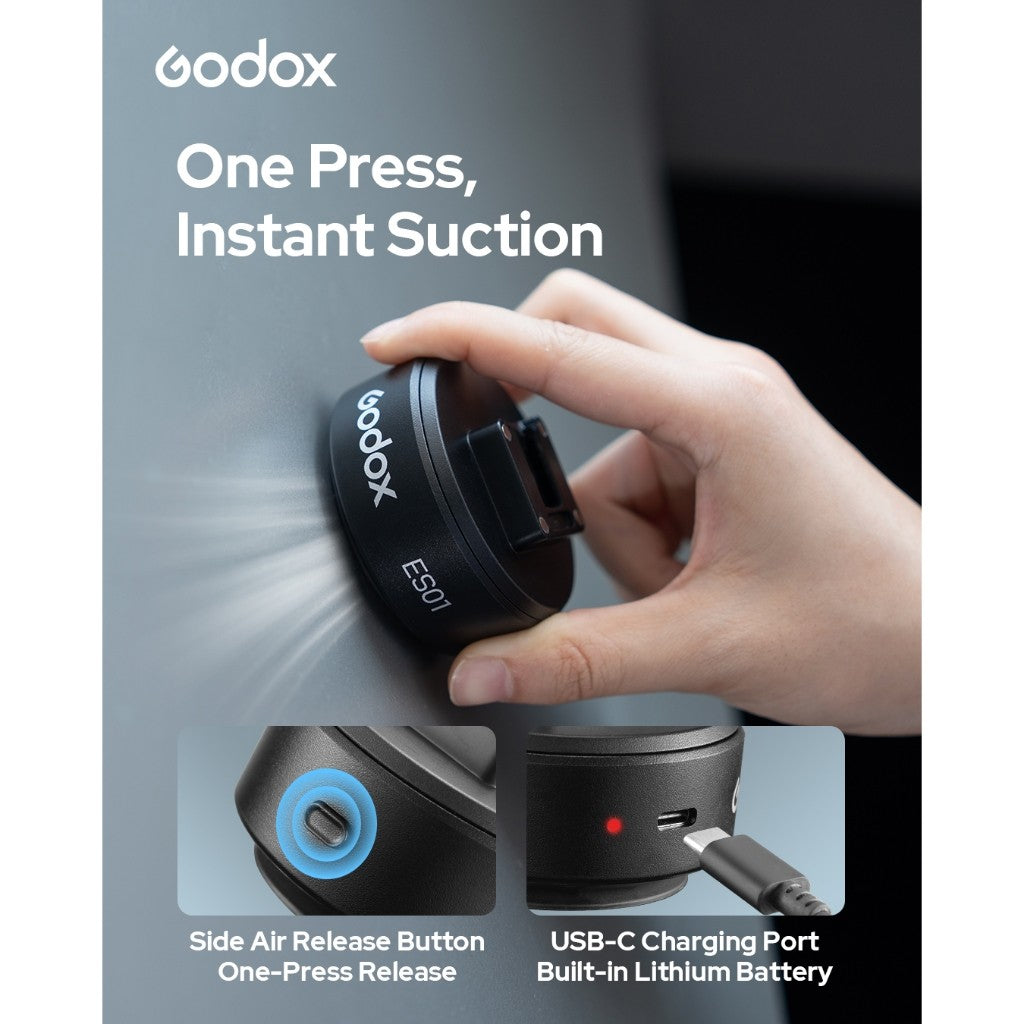 Godox ES01 Electric Suction Base for compact LED Light On Camera Flash USB-C Charging