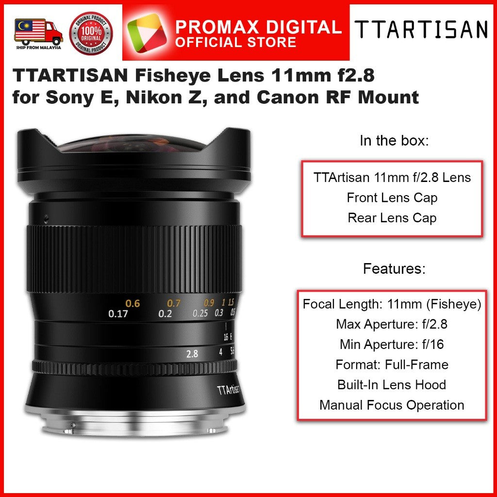 TTArtisan 11mm f2.8 Fisheye Wide Angle Lens Full Frame for E Z and RF Mount Camera Lens