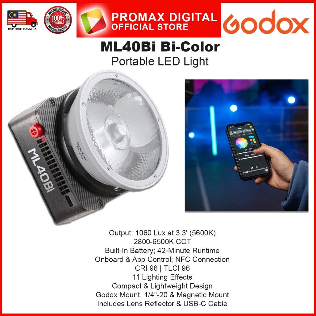 Godox ML40Bi Bi-Color ML40R RGB Portable Full Color LED Light App Controlled 2800K to 6500K