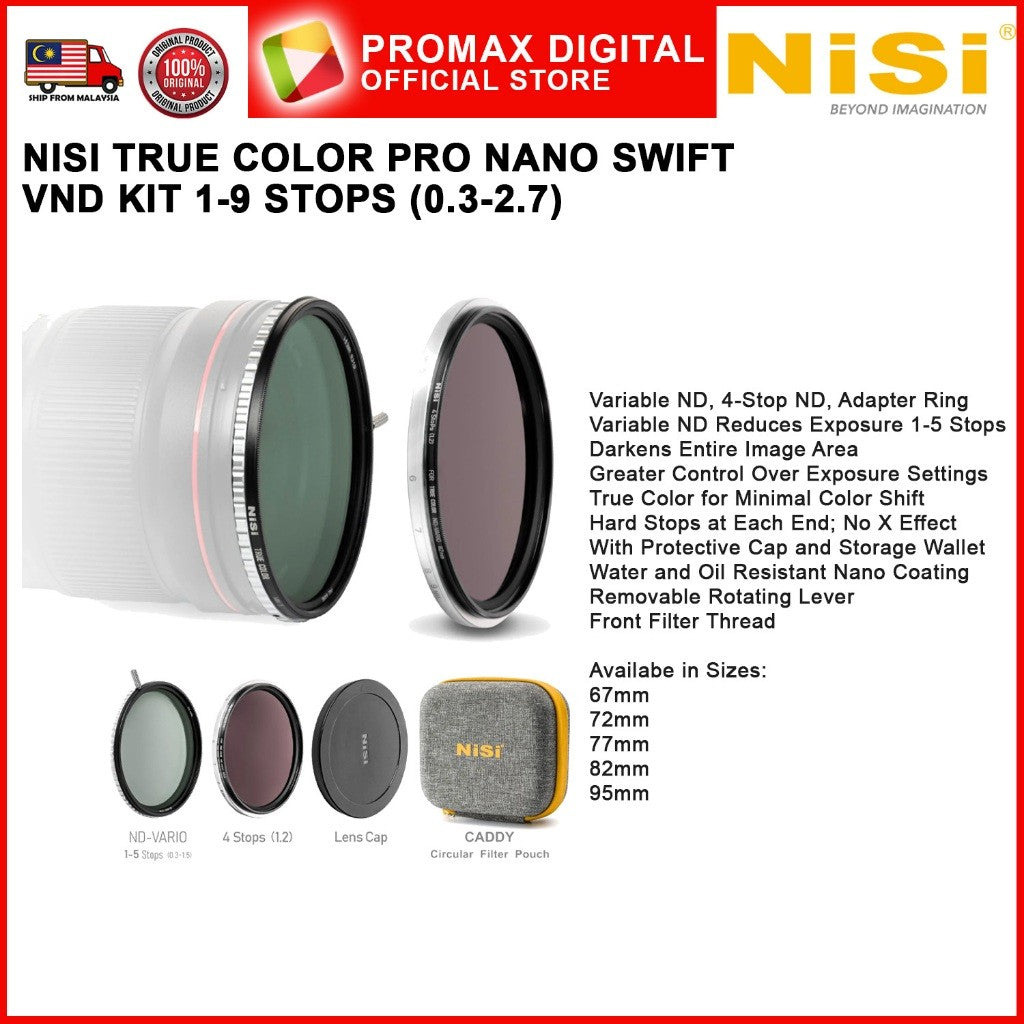 NISI TRUE COLOR PRO NANO SWIFT VND KIT 1-9 STOPS (0.3-2.7) ND FILTER 67mm 72mm 77mm 82mm 95mm